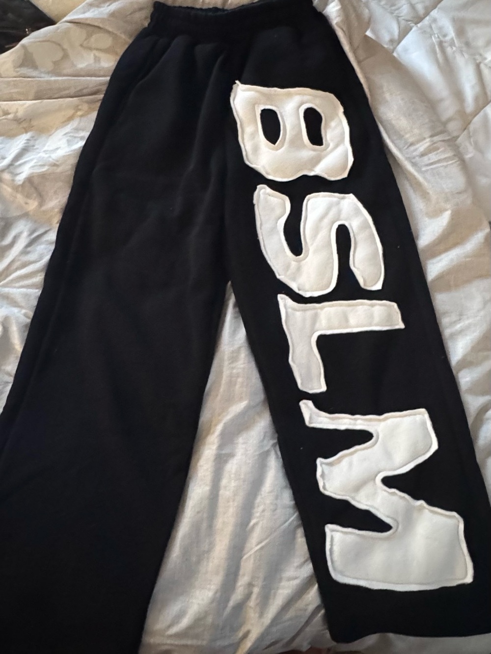 Black Sweatpants with White Appliqué Letters
